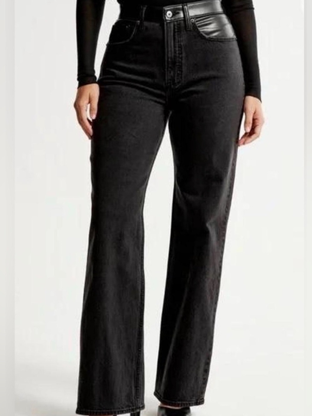 Abercrombie & Fitch 90s Straight Ultra High Rise Black Denim Jean Leather 27XL